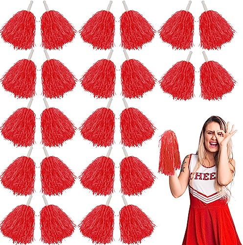 Lovecheer 24 rote Pompons Cheerleading mit Griff für Silvester 2026, Weihnachten, Party, Basketball, Fußball, Sport, Geister, Tanzaufführung