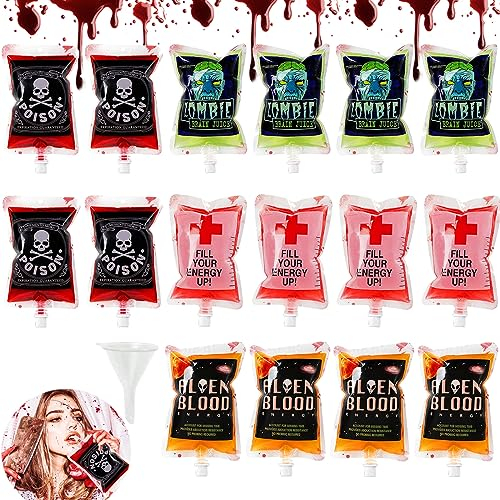 KOIROI Halloween Trinkgefäß Blutbeutel, 16 Stück Halloween Blutspendebeutel, Getränkebeutel, Halloween Trinkgefäß mit Trichter, Halloween Infusionsbeutel für Halloween Cosplay Zombie