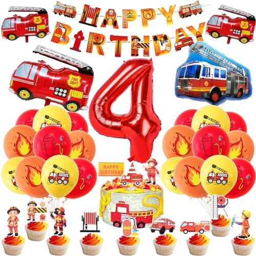 Feuerwehr Geburtstag Deko 4 Jahre 36 Stück, Feuerwehrauto 4 Geburtstag Luftballon, Kindergeburtstag Feuerwehrauto Deko, Feuerwehrmann Geburtstagsdeko, Geburtstagsdeko 4 Jahre Junge