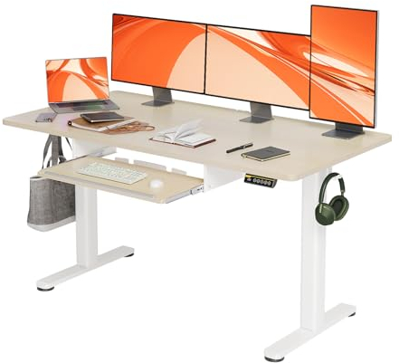 Claiks Schreibtisch Höhenverstellbar Elektrisch mit Tastaturablage, 140 x 60 cm Elektrischer Höhenverstellbarer Schreibtisch Computertisch mit Memoryfunktion,Standing Desk,Beige