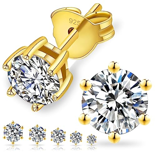 KRKC&CO Moissanite Ohrringe Silber 925, 0,6 Karat echter runde Moissanit Diamant, VVS1 Reinheit D Farbe, 14K Gelbgold vergoldet allergiefrei, 6-Steg-Krappenfassung, Geschenk für Damen Frauen, 4mm