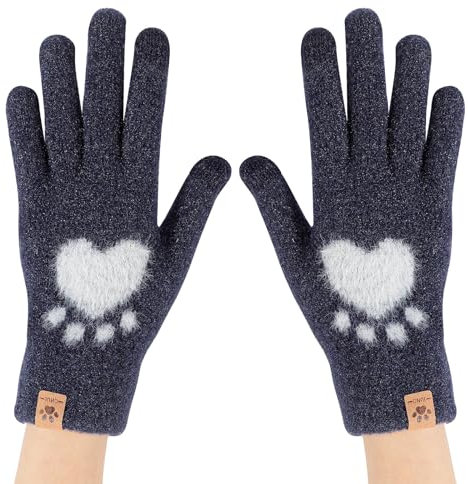 TAGVO Damen Touchscreen Süß Strickhandschuhe, Warme Thermo Dehnbare Winterhandschuhe Winddichte, Kunstpelz Plüsch Katzen Handschuhe mit Elastisch Manschette Blau-lang