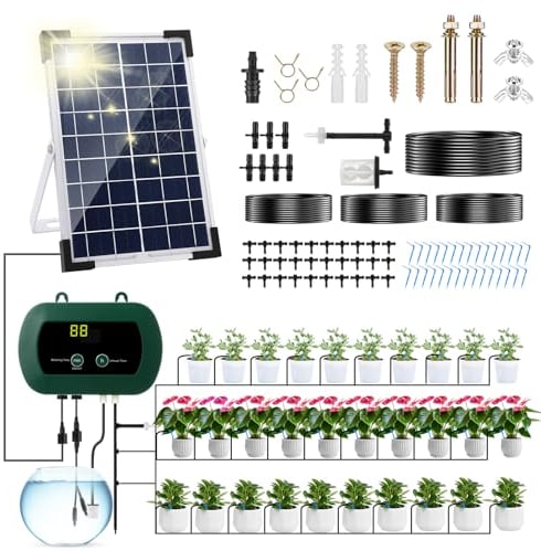 Anpress Riego Por Goteo Automático Energía Solar, Sistema de Riego Solar para Jardín con 10 Modos de Riego & 30 Cabezales de Goteo para Plantas en Macetas de Jardín al Aire Libre e Interior, Verduras