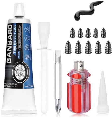 Ganbaro 50 ml Tyre Repair Glue, Black Tyre Glue, 10pcs Rubber Glue for Tyres Nails for Sidewall Bonding or Air Leakage of Tires, Tire Nail Repair Kit Glue Suitable for Motorcycle, Car, Bicycle