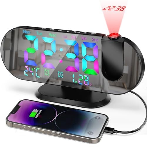 LYtech Projection Alarm Clock 8 Digital Clock with 180° Rotatable Projector Digital Alarm Clock for Bedroom with LED RGB Color Mirror Display, Temperature Display, USB Charger Port, Snooze,12/24H
