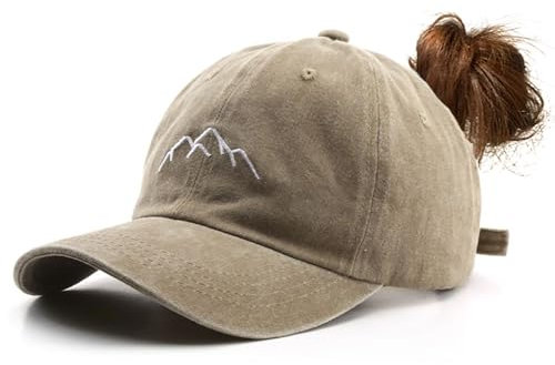 YULOONG Damen Pferdeschwanz Baseball Cap Mountain Peak Stickerei Baseball Cap Retro Gewaschene Baumwolle Hut Sonnenschutz Cap Einstellbare Tennis Golf Sport Cap Khaki