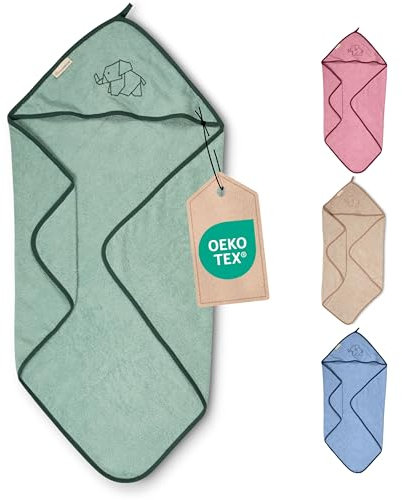 ULLENBOOM Kapuzenhandtuch Baby 100x100 cm, Frottee aus 100% Baumwolle (OEKO-TEX zertifiziert) und Made in EU, Ideal als Badetuch oder Bademantel für Kinder von 3-6 Jahren, Salbeigrün