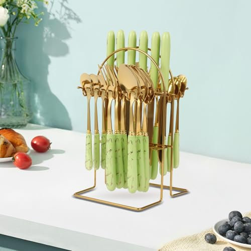 24-Piece Stainless Steel Dinner Cutlery Set With Stand Metal Rack Storage Knives Spoons Forks Teaspoons for family restaurants kitchens restaurants hotels parties etc (Yellow Green handle)