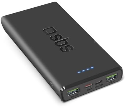 SBS PowerBank 10K Fast, 10,000 mAh Power Delivery, Fast Charge 22.5 W, Adaptive Fast Charge (AFC), Status LED, USB-C, USB-A, Charger for iPhone, iPad, AirPods, Samsung, Tablet, Smartphone
