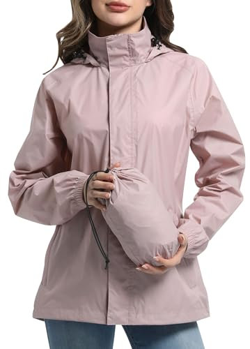Zdoynto Regenjacke Damen Dünne Wasserdicht mit Kapuze Outdoorjacke Packbare Leicht Fahrrad Jacke Fahrradjacke Windbreaker Reisen Treking Fahrrad Rose M
