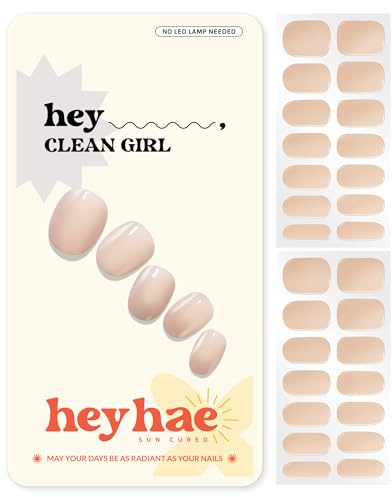 Heyhae Semi Cured Gel Nail Strips - Hey, Clean Girl | Neutral Jelly | Sun Cured No UV Light Needed, Salon Quality, Easy Apply & Remove | 28 Strips, Prep Pad Nail File Wooden Stick