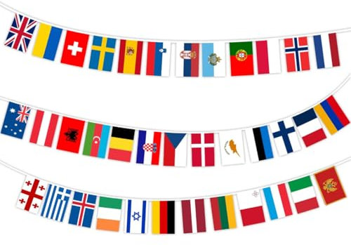 Eurovision Party-Dekorationen, Wimpelkette, 10 m, Eurovision-Flaggen, Wimpelkette, 37 europäische Flaggen, Wimpelkette für Eurovision 2025, Song-Wettbewerb, Partyzubehör, Innen- und Außenbereich,