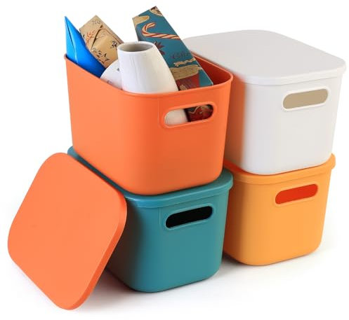 Qeapug 4 Pcs Small Storage Boxes with Lids, Colourful Stackable Plastic Storage Box with LidStorage Baskets for Shelves Kitchen Bathroom Bedroom Classroom Office Cupboard Organiser(9.65 x 6.89 x 6.3)