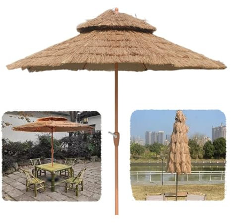 MACAGGTNTU 270cm Parasol De Plage en Chaume, Parasol Paille Tropical Hawaïen À 2 Niveaux avec 8 Baleines, Parasol De Plage en Paille avec Protection UV