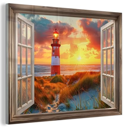 MuchoWow© Glasbild Wall Art Decoration Bilder für die Wand Schlafzimmer | 80x60 cm - Deko Canvas Painting Wanddekoration Wohnzimmer Fensterblick - Fenster - Leuchtturm - Sonnenuntergang - Strand