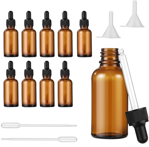 10 Stück Pipettenflaschen,30 mlPipettenflaschen,Pipettenflasche Aus Glas mit Tropfer und Trichter,nachfüllbare Tropfflasche geeignet für Parfümöl,ätherischesÖl, Aromatherapie,wiederverwendbar (Braun)