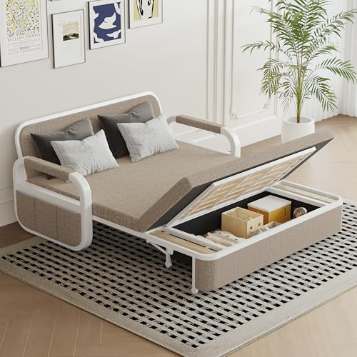 Homary Schlafsofa 2-Sitzer Ausziehbar mit Stauraum, Sofa mit Bettfunktion 158x190 cm, Moderne Schlafcouch aus Baumwoll-Leinen in Hellgrau für Wohnzimmer & Kleine Räume (Leinen, Haferflocken, 2)