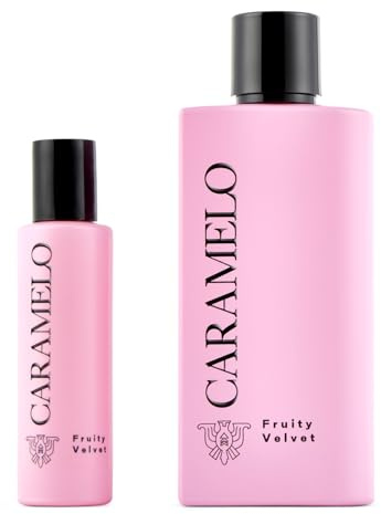 CARAMELO - Fruity Velvet Promoción 100 + 30 ml, Colonia Mujer, Pack 2 Productos, Perfume Formato Spray, Eau de Toilette Natural y Femenina, Aroma Frutal Floral Ambarado, Fragancia Fresca, Elegante