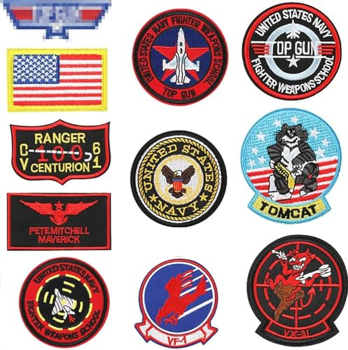 Eulihent 11 Pcs Iron On Patches for Clothing Top Gun Embroidered Badges USA Flag Maverick Top Gun Badges Iron-On Patches for Jackets, Jeans & Hat DIY Air Force Navy Iron-On Sewing Patch
