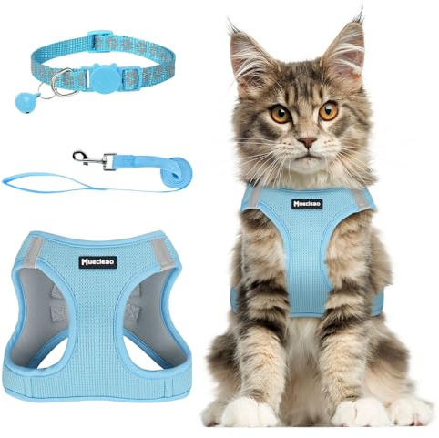 Muecleao Katzengeschirr, Verstellbares Geschirr mit Leine für Katzen, Softgeschirr Katzengeschirr ausbruchsicher verstellbar Katzenweste für Katzen (Blau, XXS)