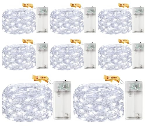 ALEGRE 8 Stk Led Lichterkette Batterie mit Timer, 3M 30 LED Micro Kupferdraht LED Lichterkette mit Timer, Kaltes Weiß Lichterketten Innen Batteriebetrieben für Weihnachten,Halloween,Silvester,Hochzeit