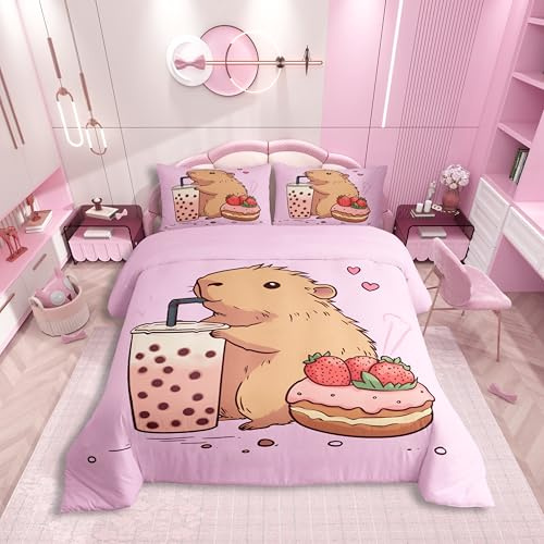 Homewish Nette Capybara Bettwäsche 135x200cm Mädchen Braun Nagetier Capybara Liebhaber Bettbezug für Kinder Prinzessin,Süße Donut Erdbeer Dessert-Milchtee Liebesherz Dekor Rosa Bettset Mikrofaser