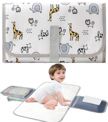 LEBKFT Portable Baby Changing Mat, Foldable Travel Changing Pad with Storage Pocket Wipe-Pocket Waterproof Compact for Diaper Bag Stroller Outdoor Use Travel Baby Changer Pads for Moms Dads (Animal)