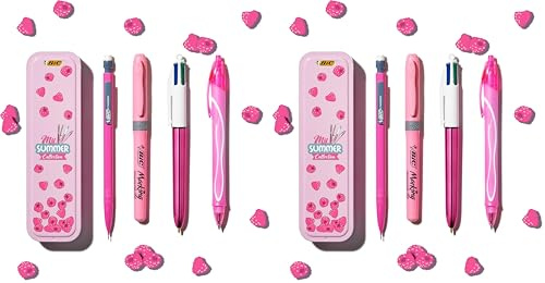 BIC Summer Pink Box : Stylo gel (0,7 mm), Porte-mines, Stylo bille 4 couleurs (1,00 mm), Surligneur - Rose, Lot de 8