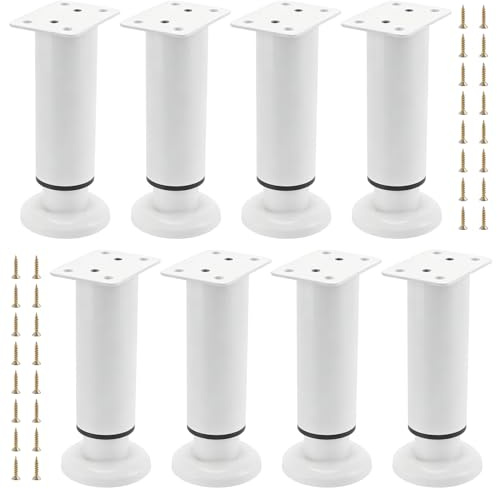 ZEONHEI Lot de 8 Pieds de Meuble Réglables en Hauteur 12-18 cm - Pieds de Meuble en Métal Blanc pour Canapé, Armoire, Lit, Table - avec 32 Vis