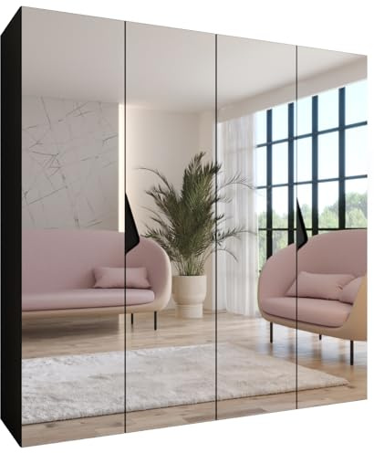 MEBLE KRYSPOL - Kleiderschrank - Garderobenschrank - 200 cm x 202 x 52 cm - Schrank mit Kleiderstange und Spiegel, 4 Türen - für Schlafzimmer, Flur - SANDI, Schwarz, Griff Schwarz