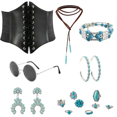 Western Outfit Damen Set 14 Stück, Cowgirl Kostüm Damen Accessoires mit Schwarzem Korsett Gürtel, Sonnenbrille, Türkis Schmuck (Halskette, Armband, 2 Paar Ohrringe, 8 Ringe) für Karneval Fasching