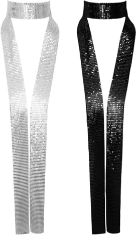 SquishyWorld 2 Stück Glitzer Schal Damen Pailletten Krawatte 70er Jahre Disco Accessoires Schwarz Silber, Dünner Schal für Outfit Kostüm Karneval Party, Metallische Stola Lang Retro Halskette