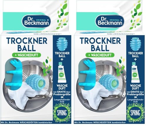 Dr. Beckmann Trocknerball inkl. Gratis-Probe Wäscheduft Spring | 2 x 50 ml | Reduziert Knitter | Kann Trockenzeit verkürzen | Wiederverwendbar | Mit Duftprobe Spring