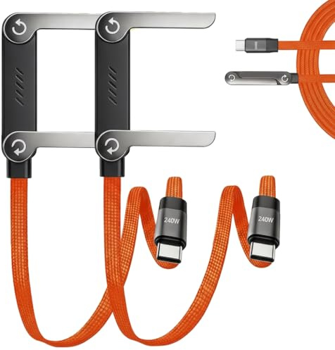 Synclum Cable de Carga Invisible 2 en 1 con Soporte Integrado, Pack de 2 Cables Cargador con Base Plegable de 1,5 m, Cable USB-C a USB-C 240W Súper Rápidos para Smartphones, Tablets y Portátiles
