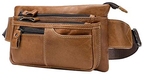 Xieben Vintage en Cuir Fanny Pack Taille Sac pour Hommes Femmes Voyage Randonnée Courir Hanche Bum Ceinture Mince Cell Phone Purse Wallet Pouch Marron Clair