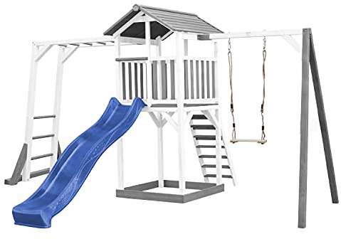 AXI Beach Tower Spielturm aus Holz in Weiß & Grau | Spielhaus für Kinder mit Blauer Rutsche, Klettergerüst, Schaukel und Sandkasten | Stelzenhaus für den Garten..