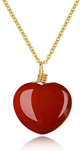 COAI Collier Chaîne Pendentif Cœur Pierres Semi-Précieuses Jaspe Rouge Femme