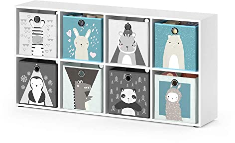 Vicco Kinderregal Scutum, Spielzeugregal für Faltboxen, Weiß, 143 x 72.6 cm mit 8 Faltboxen