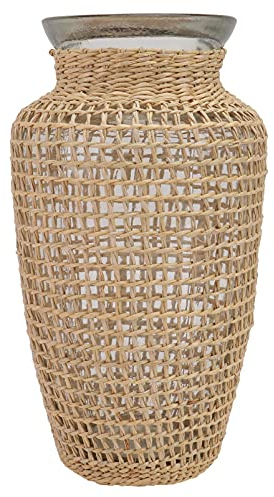 Cabilock Stroh Glasvase Glas Blumenvase Rattan Rustikale Hydrokultur Vase Vintage Blumentopf Tischvase Bodenvase Glasflaschen für Wohnzimmer Tischdeko Büro Schreibtisch Landhausstil Deko
