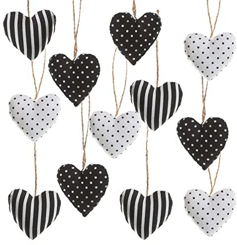 Logbuch-Verlag 12 Herz Anhänger schwarz weiß Stoffherzen 6 cm Deko Ostern Hochzeit Geschenkanhänger Liebe