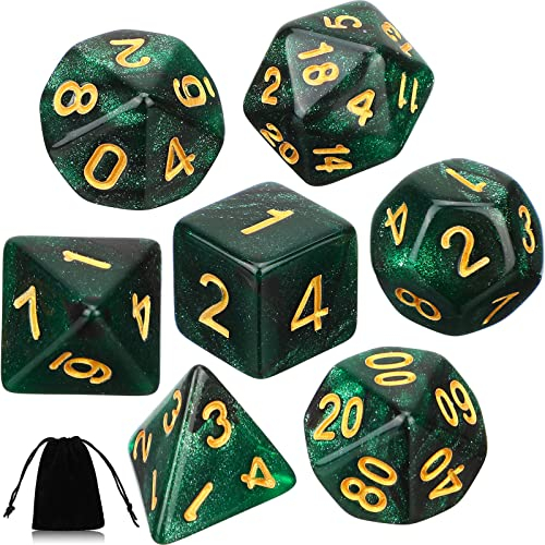 Aoriher 7 Stück Polyedrische Würfel Set mit Tasche Kompatibel mit Dungeons and Dragons Rollenspiel Würfel D4 D6 D8 D10 (00-90 und 0-9) D12 D20 für Tisch Spiel Pathfinder DND RPG (Grün Schwarz Nebel)