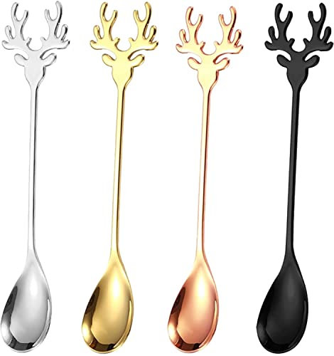 KOMUNJ 4 Stück Kaffee-Löffel Elch-Löffel edelstahl löffel lang Dessert-Löffel, Edelstahl Teelöffel Besteck Set, Cocktail Geschirr, Party Geschirr Dekoration