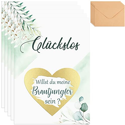 Tenare 5 Sets Rubbelkarten Brautjungfer Fragen mit Umschlägen Willst Du Meine Brautjungfer Sein Karten Botanische Brautjungfer Glückslos für Hochzeit Geschenke Zubehör