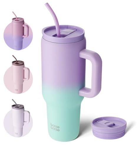 bottlebottle BOTTLE BOTTLE Tasse isotherme 1200 ml, Mug avec paille et poignée, Tasse avec paille sous vide en acier inoxydable pour cadeaux, fêtes, bureau, Café (violet/vert)