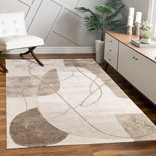 Paco Home Teppich Wohnzimmer Schlafzimmer Moderner Kurzflor glänzendes Palmen-Muster Florales Design Geometrisch Hoch-Tief-Effekt 3D, Grösse:160x230 cm, Farbe:Beige