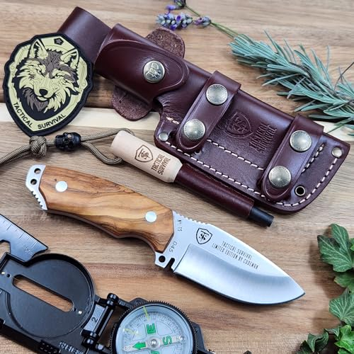 CUDEMAN 115-TS Couteau de survie, chasse Bushcraft Camping Outdoor | Étui en cuir en bois d'olivier avec silex | Böhler acier N695 9cm | Série limitée, cadeau homme 115TS-BRW