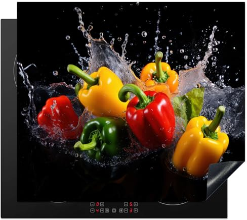 KitchenYeah© Herdabdeckplatte Einteilig Herdabdeckung Abdeckplatte für Ceranfeld Abdeckung Induktionskochfeld Aufrollbare Matte Süßer Pfeffer - Schwarz - Wasser - Gemüse - Rot - Gelb - 57x51 cm