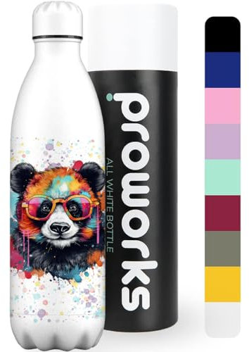 PROWORKS Borraccia in Acciaio Inossidabile, Borraccia Termica in Metallo con Isolamento sotto Vuoto, Bevande Calde 12 Ore e Bevande Fredde 24 Ore, 1L - Schizzi di Vernice - Panda