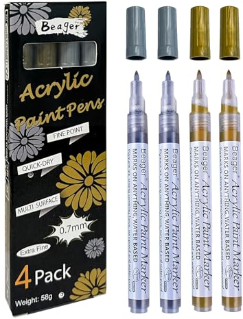 Beager Gold Silber Acrylstifte, 0,7mm Permanent Marker Stifte Wasserfest Lackstift Acrylfarben Stifte Steine Bemalen Stifte für Holz Leinwand Keramik Metall Papier Glas Stoffe Kunststoff 4Pcs