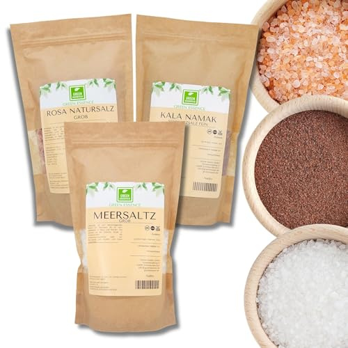 Erlesene Salze 3er Set 2,5kg 3-stk Gourmetsalze Salz Mix von Green Essence | Salz Mix, Meersalz Grob, Rosasalz Grob, Kala Namak fein, verschiedene Gourmet Salzesorten für die Salzmühle, 2,5 kg zusammen